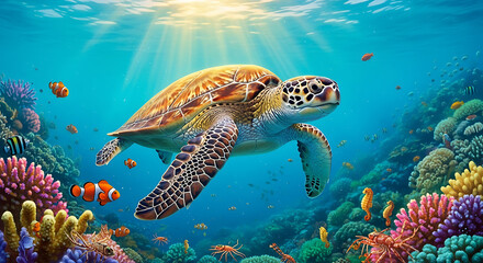 Fototapeta premium Vibrant sea turtle swimming amidst colorful coral reef and tropical fish in sunlit ocean depths.