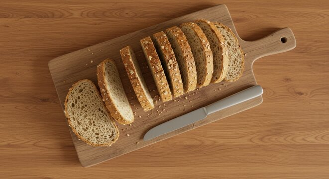 Sliced multigrain bread on a cutting board with a knife, atop a warm-toned wooden surface