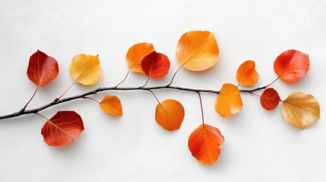 Lightly scattered orange and red leaves on thin twigs, set against a muted background of soft white