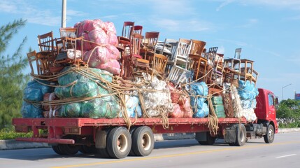 Chaos On The Move: Overloaded Truck with Furniture and Wrapped Items in Bright Afternoon Sun