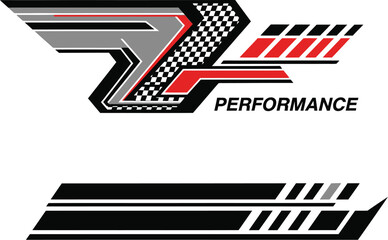 Graphic design with performance text and checkered pattern on white background