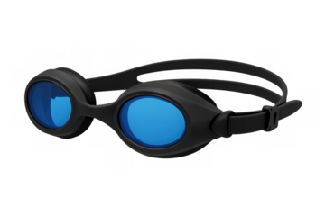 Swimming goggles with blue lenses and black frame isolated on transparent background, perfect for summer water activities
