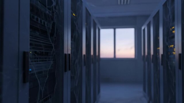 Server room hallway with data center racks and spiderwebs, concept technology and IT infrastructure. Sunset light in window.