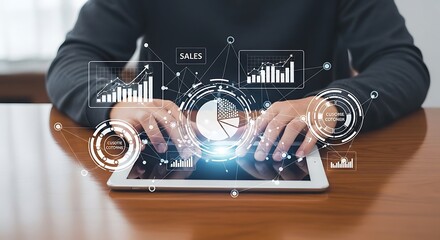 Person analyzing data on a tablet, visualized with interactive charts and graphs.