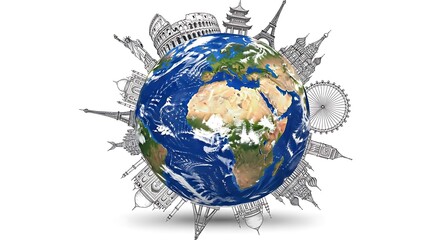 A globe surrounded by iconic world landmarks, symbolizing global travel and exploration.