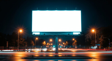 Blank Billboard Illuminates the Night Cityscape with Traffic Streaks , Modern Advertising Canvas: A Nighttime Urban Billboard Scene with Dynamic Light Trails