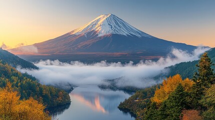 Fototapeta premium Majestic Mount Fuji at Sunrise, Mist Shrouding Lake and Autumn Foliage