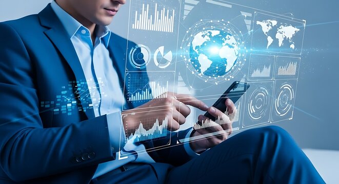 Businessman analyzing global data on a smartphone, visualized with interactive holographic charts and a world map.
