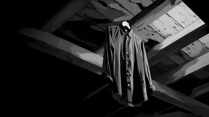 Shirt sleeve hanging from exposed rafter