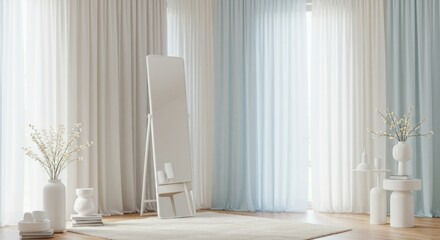Bright, airy room with white mirror, vases, and curtains in soft, calming tones