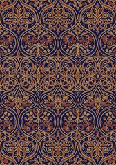 Intricate gold and blue arabesque pattern evoking historical elegance and luxury