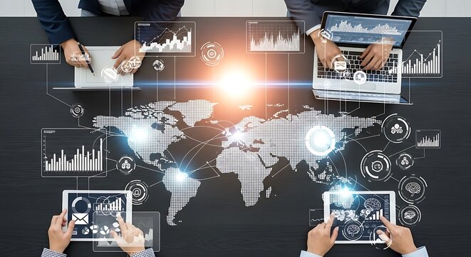 Global business team collaborating on a digital project, using laptops and tablets to analyze data and world map.