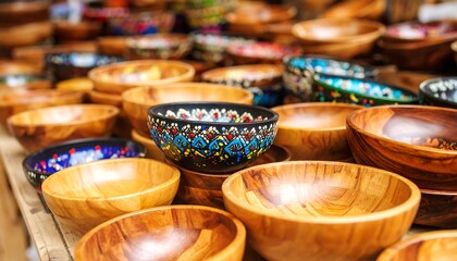 Wooden bowls with colorful painted designs