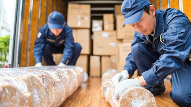 Efficient Japanese Movers Packaging Flat-Pack Furniture Into Moving Truck, Organized Cardboard Boxes Background