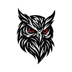 Fierce Stylized Owl Head with Intense Red Eyes and Tribal Line Art Design