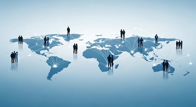 Global interconnectedness depicted by silhouettes of people positioned on a world map with network connections.