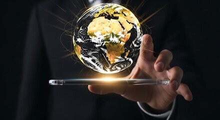 A businessman's hand hovers over a glowing digital globe displayed on a tablet, symbolizing global connectivity and technological advancement.