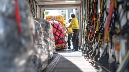 Inside View of Movers Carrying Chair Up Truck Ramp - Professional Moving Services Concept