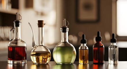 Assortment of cooking oils and vinegars in glass cruets and dropper bottles on a counter