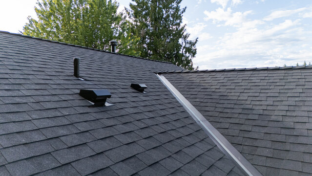 Brand new roof on a house in a residential neighborhood. The black shingles have been installed as a replacement on the older home for improvement. 