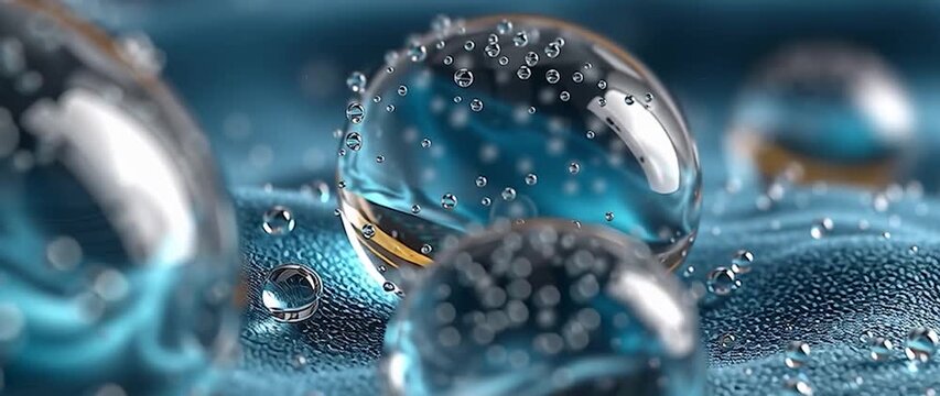 Anamorphic video Golden Particles in Translucent Spheres on Flowing Surface. Perfect theme for science, technology, abstract beauty, or microscopic worlds.