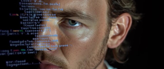 Anamorphic video Hacker's Gaze Man in Hoodie with Digital Code Overlay. Perfect for themes technology, internet security, cybercrime, programming, data analysis - Powered by Adobe