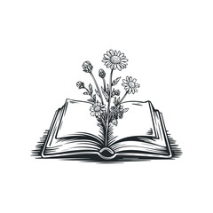 Hand drawn vector illustration of an open book with flowers