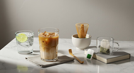 Minimalist Lifestyle Scene Featuring Tea, Iced Coffee, and Calm Details