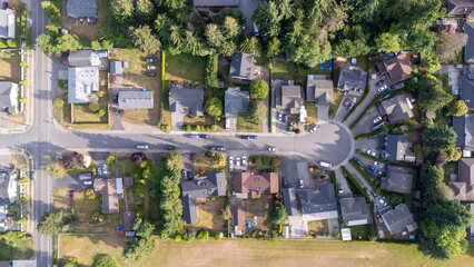 Aerial view captured by drone showing rural houses on a residential cul-de-sac street 