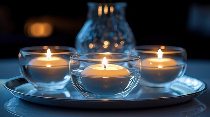 Three floating candles create a serene and warm ambiance.