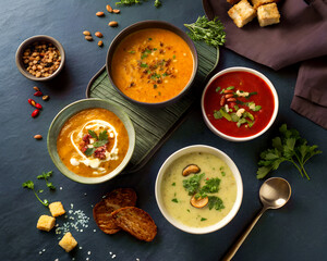 Selection of delicious homemade soups arranged on a dark slate background, overhead warm and cozy food scene.