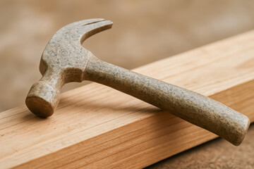 Hammer tool on wooden plank for sustainable engineering work in construction and carpentry projects