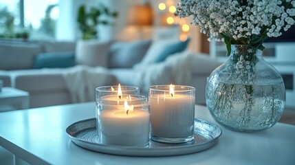 Three candles glow softly on a silver tray in a tranquil living room.