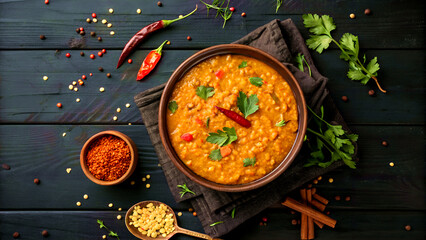 Traditional Indian dal lentil soup with spices and herbs in a bowl, rustic black wooden background, top view.