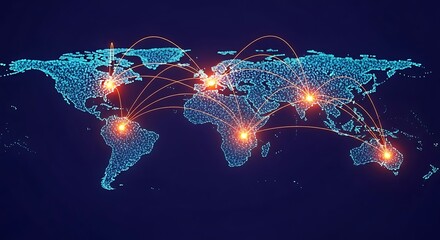 Global network connections visualized on a digital world map, highlighting international links and global interconnectedness.