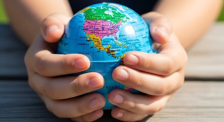 Child's hands carefully holding a small globe, focusing on North America.