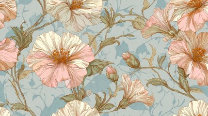 Delicate Floral Pattern with Light Pink Flowers and Green Leaves on Soft Blue Background in Vintage Style for Beautiful Textile or Wallpaper Design