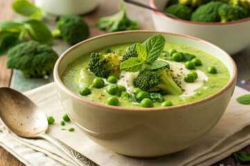 Creamy broccoli and green pea soup with fresh mint, healthy and delicious lunch bowl.