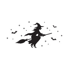 Silhouette of a flying witch on broomstick with bats and sparkles, perfect for spooky Halloween designs