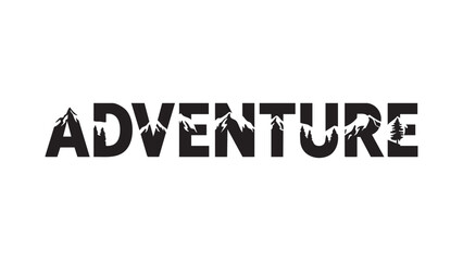 silhouette of a word "adventure" with mountains inside