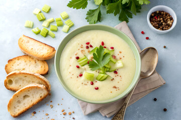 Creamy celery soup with fresh celery leaves, pink pepper, and crispy toast on light gray background, top view.