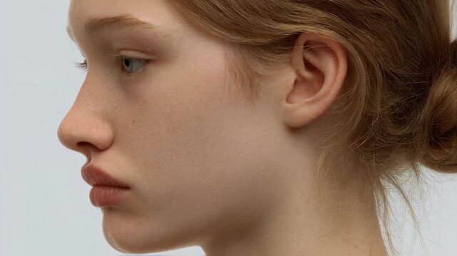 Side profile of a young person with visible facial paralysis emphasizing drooping mouth and eye closure difficulties linked to Bells palsy.