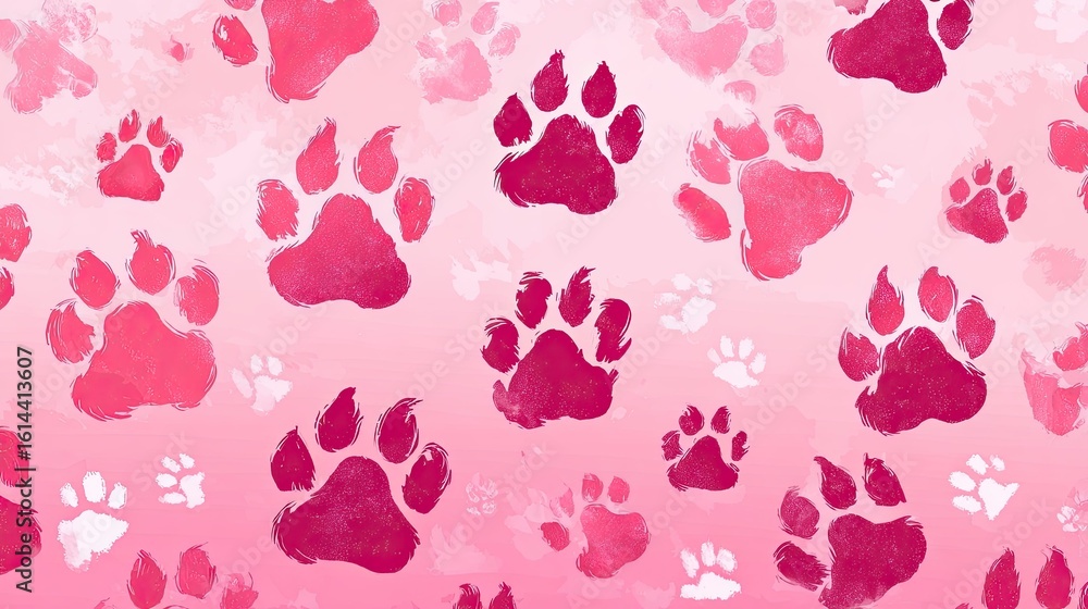 Poster artistic pink paw print pattern with various sizes and shades on soft background for creative design