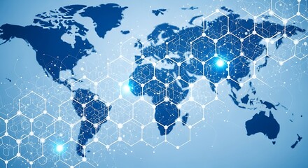 Digital world map with interconnected hexagonal network overlay, global connectivity.