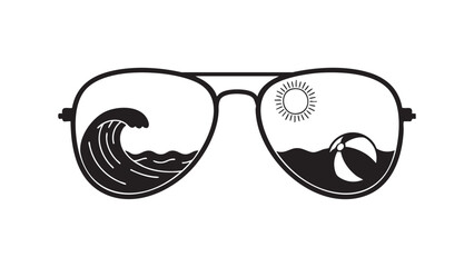 Sunglasses with tropical beach reflection illustration, summer vacation or travel concept design