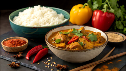 Traditional Indian chicken curry masala with sweet peppers, rice, and aromatic spices in a bowl, dark rustic background.