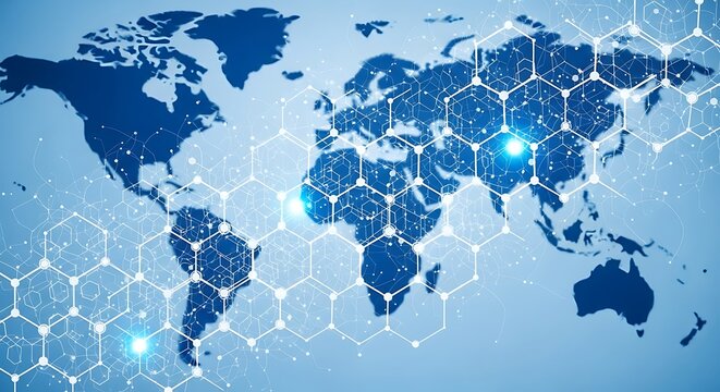 Digital world map with interconnected hexagonal network overlay, global connectivity.