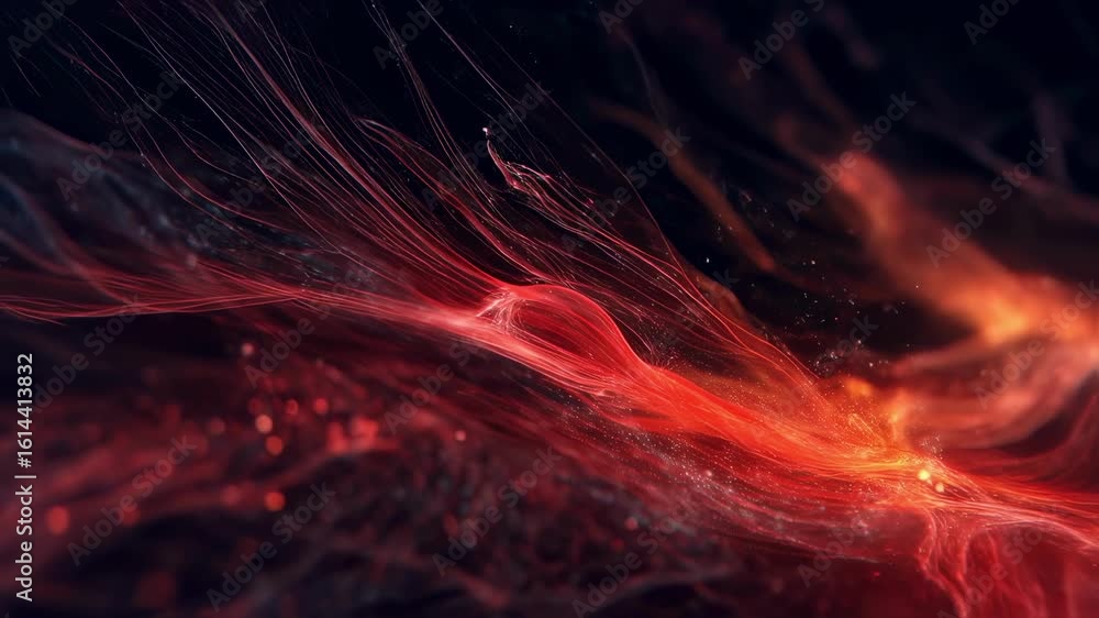 Poster artistic loop of swirling red plasma and dynamic light bursts conveying the chaotic yet synchronized