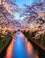 Cherry blossoms line a canal at twilight
