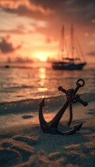 Anchored sunset, beach, sailboat